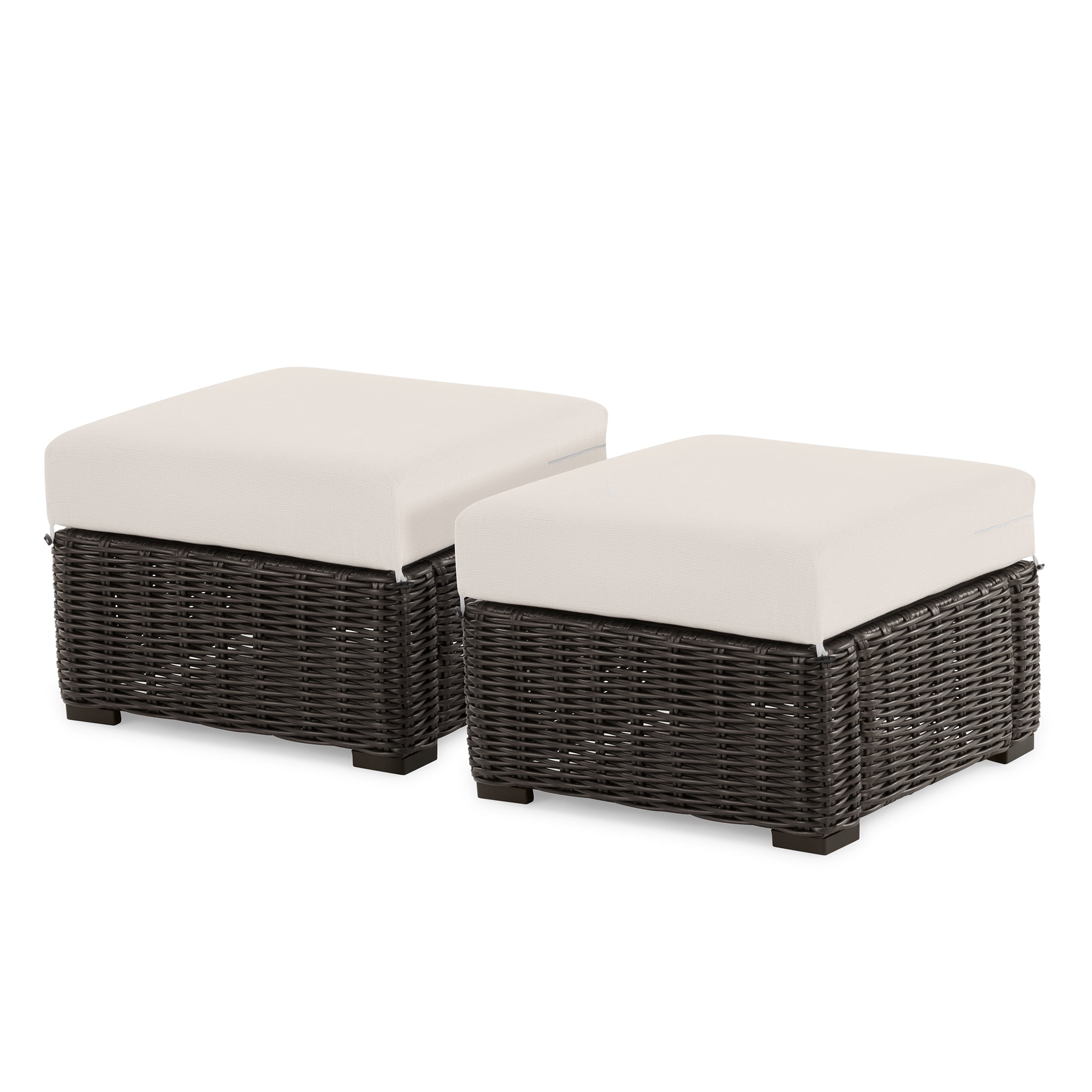 Better Homes & Gardens Bellamy Outdoor 2pk Ottomans, Dark Brown Wicker/Cream Cushion