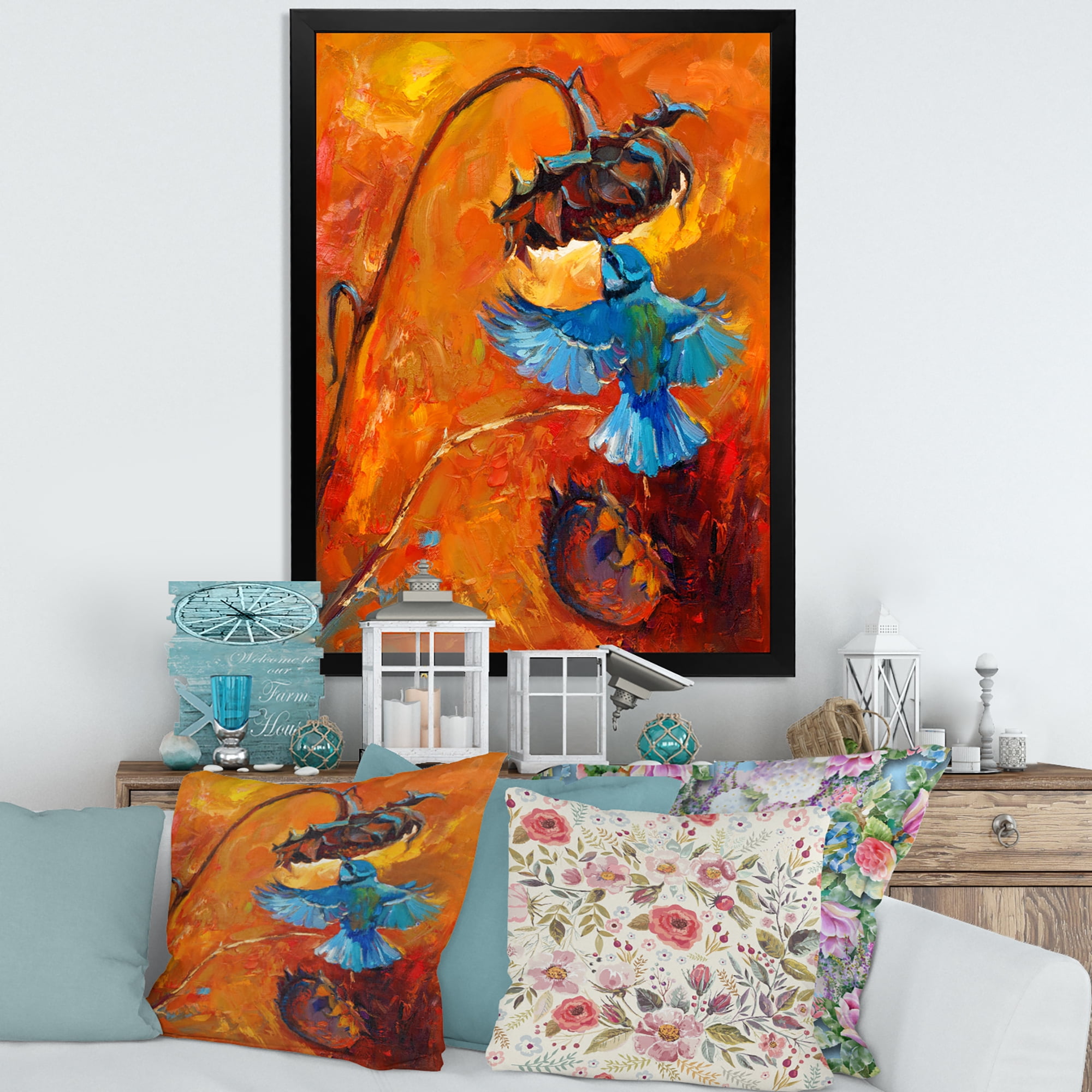 Designart 'Blue Hummingbird On Orange Sunflower' Traditional Framed Art Print