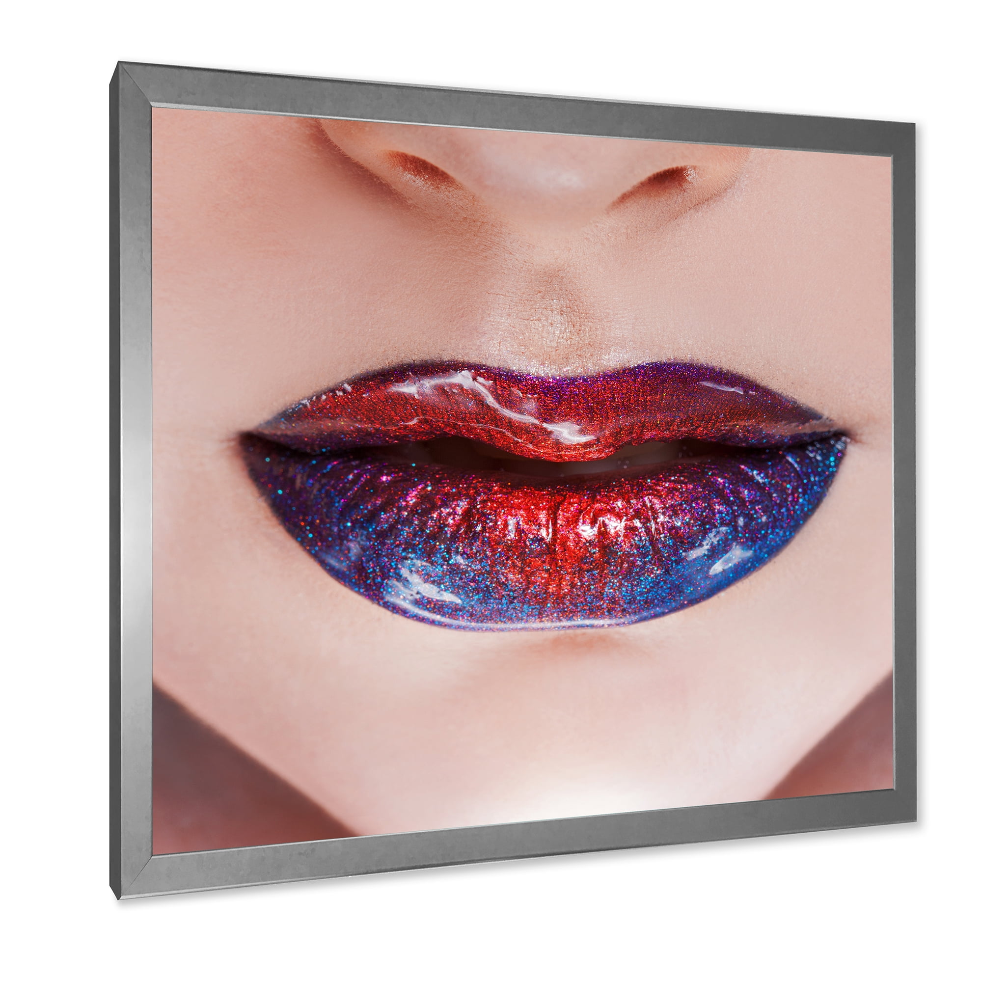 Designart 'Beautiful Women Lips With Red and Blue Lipstick' Modern Framed Art Print