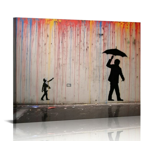 COMIO Banksy Graffiti Canvas Wall Art Framed Colorful Rain Graffiti Poster Prints Street Graffiti Art Wall Decor Banksy Picture Artwork Colorful Painting for Bedroom Living Room Decoration
