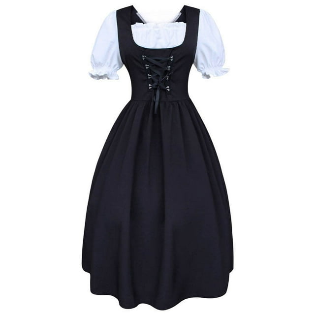 Women's Drawstring DressHigh Waist Slim Bow Knot Contrast Color Costumes Splicing Large Swing Skirt