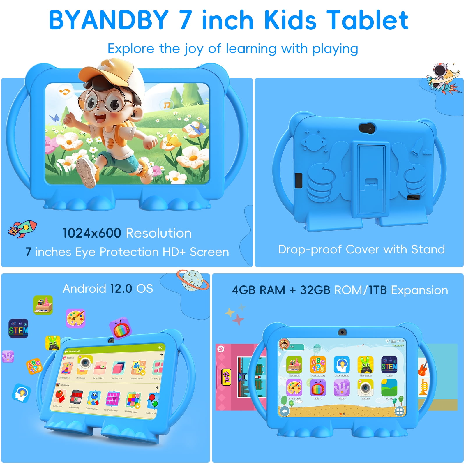 2024 Kids Tablet, 7 inch Android 12 Tablet for Kids, 4GB+32GB ROM+1TB Expand Blue