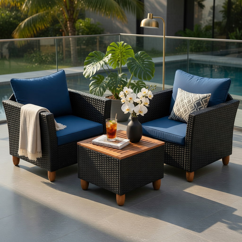 Hommoo 3-Piece Outdoor Rattan Patio Furniture Set, Acacia Wood Coffee Table & 2 Single Sofas with Removable Cushions, Navy