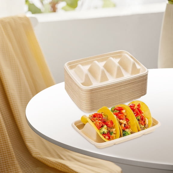 FUEENIRVA Taco Packaging Boxes Beige Paper Pulp Robust Disposable Trays for Parties 25Pcs