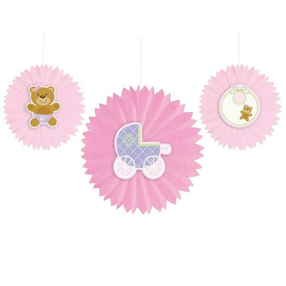 Baby Shower 'Teddy Baby Pink' Paper Fan Decorations (3ct)