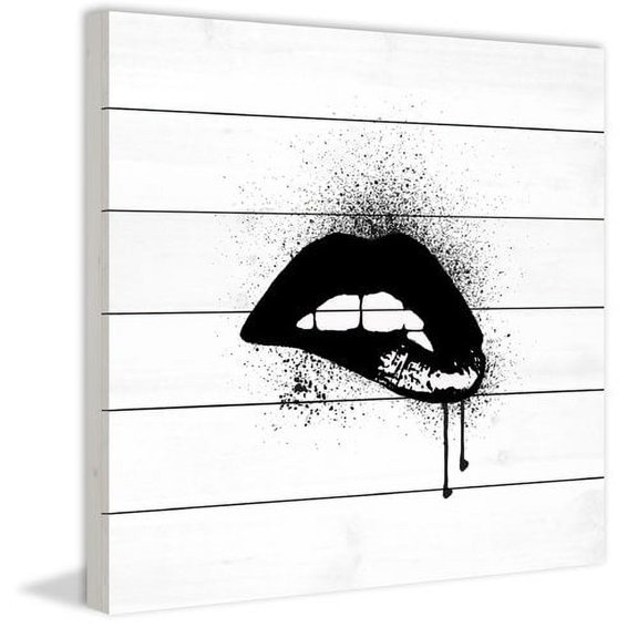 "Lips Black Paint" Painting Print on White Wood
