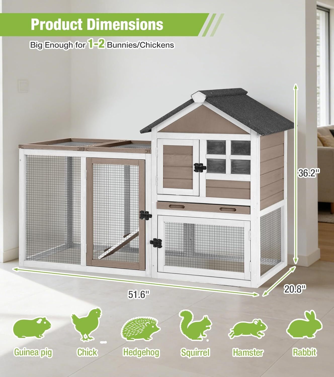 Aivituvin Rabbit Hutch Outdoor Rabbit Cage Indoor 51.6" L Waterproof Bunny Cage with Chew-Proof Ramp and Lockable Doors for Indoor Outdoor Use Grey