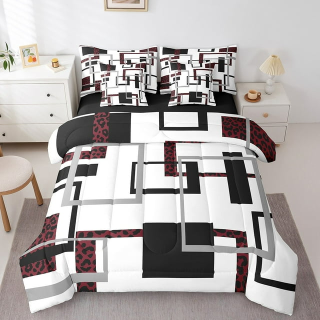 YST Ensemble de Douillette à Rayures 7 Pcs pour Garçons, Ensemble de Lit Tout-en-un Imprimé Léopard Abstrait, Ensembles de Literie à Lignes Modernes, Ensembles de Lit Géométriques Noirs Réversibles avec Drap Plat et Drap-Housse, Couvre-Oreillers, Très Grand