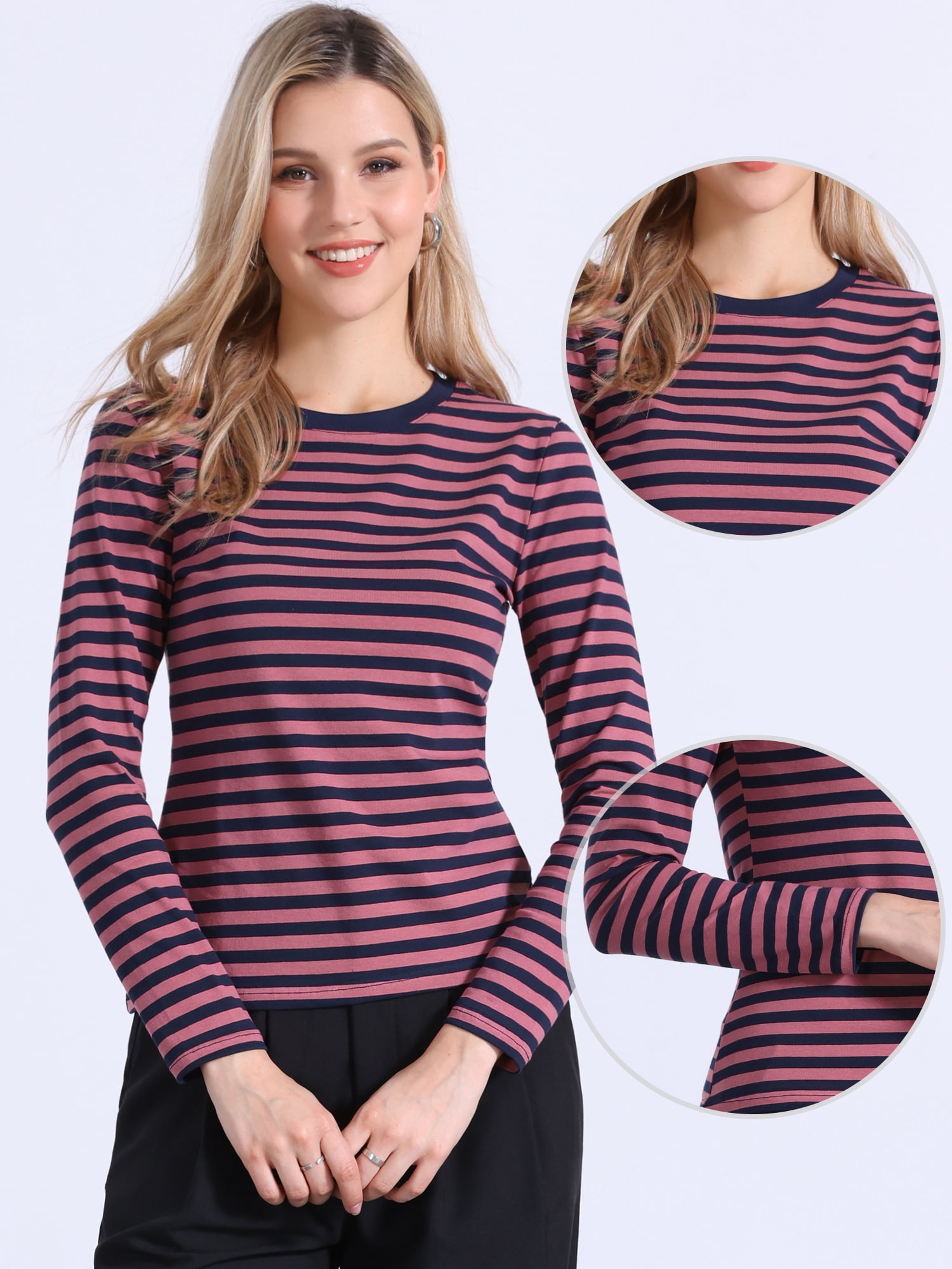 DARING DIVA Women's Striped Long Sleeve Cotton Crew Neck Fitted Tees M Pink Stripe