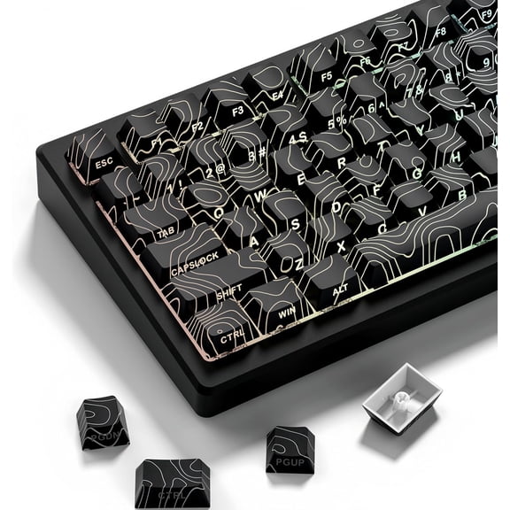 Double Shot PBT Keyboard keycaps Set,Black Topographic,Shine Through Custom keycap,Side Printed keycaps dye sub,Cherry Profile keycap for TKL US Layout Mechanical Keyboard(134keys)