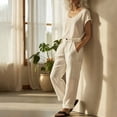 thumbnail image 4 of Miluxas Women's Summer Two Pieces Suits Set Round Neck Short Sleeve Top Wide Leg Pants Business Casual Outfits Sets Beige, 4 of 9