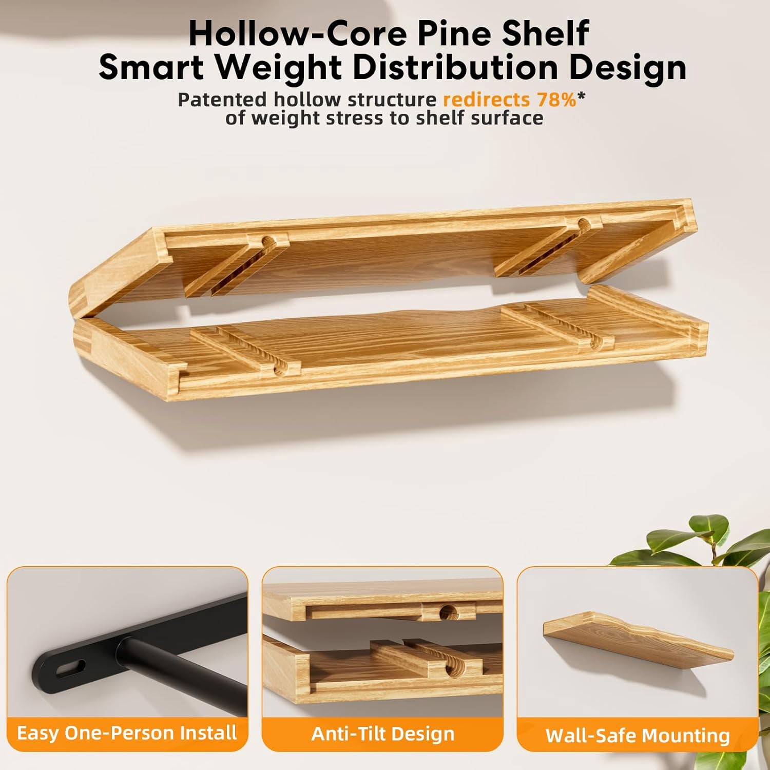 Seasonwood Rustic Farmhouse Floating Wall Shelf, 24 inch Live Edge Pine Wood Wall Mounted Shelf for Bathroom Living Room Bedroom Kitchen, Natural, 2pcs