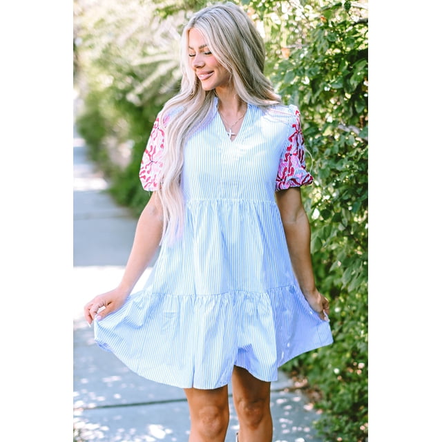a.Jesdani Robe à Manches Bouffantes Florale Bleue Élégante / Élégance Quotidienne