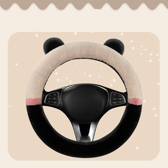 Car Steering Wheel Cover 38 cm Fits Most Vehicles Fluffy Plush Cute Panda Ears Steering Wheel Cover for Women, Beige