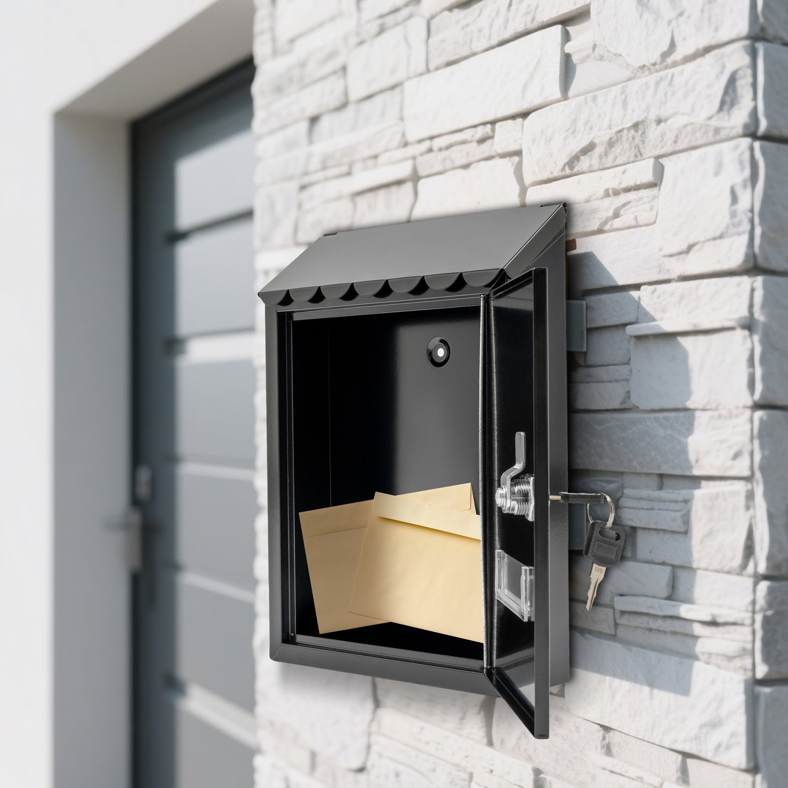 Modern Iron Mailbox with Key Lock, Outdoor Wall-Mount Mailbox, Waterproof Extra Large Drop Box