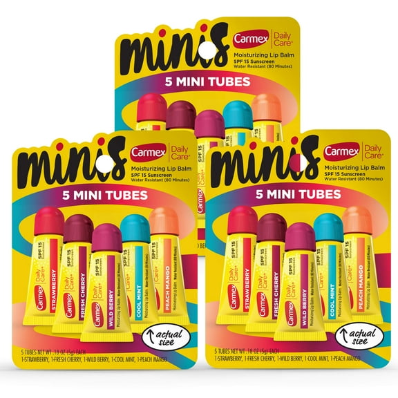 Carmex Daily Care Minis RE32Moisturizing Lip Balm Tubes with SPF 15 Strawberry Cool Mint Wild Berry Peach Mango and Fresh Cherry Lip Balm Pack 018 OZ Each 5 Count Pack of 3