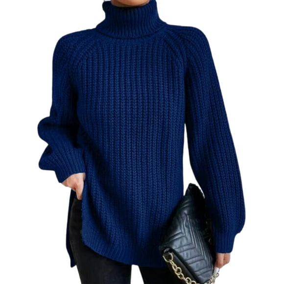 Sexy Dance Ladies Jumper Tops Long Sleeve Sweater Turtleneck Knitted Sweaters Casual Pullover Chunky Knit Navy Blue 2XL