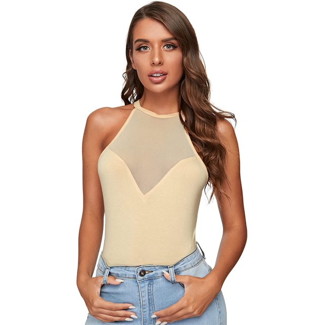 Débardeur Slim Ajusté en Mesh Contrastant Transparent pour Femme