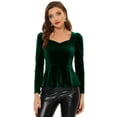 thumbnail image 1 of Blusa de terciopelo para mujer, elegante, con escote corazón, manga larga, top peplum Verde oscuro S, 1 of 5