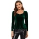 thumbnail image 1 of Blusa de terciopelo para mujer, elegante, con escote corazón, manga larga, top peplum Verde oscuro S, 1 of 5