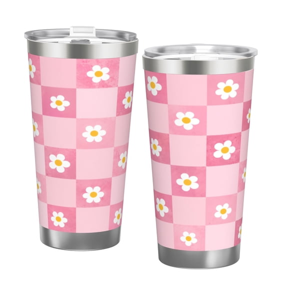 20oz Pink Checkerboard Daisy Tumbler with Handle Stainless Steel Insulated Travel Coffee Cup Gift with Double Silver Rim