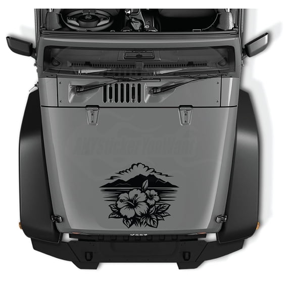 AnyStickerYouWant - Heavenly Hawaiian Mountain Hibiscus Scene Vinyl Hood Decal Sticker, 22" Tall Hibiscus Vinyl Hood Decal/Window Stickers - Fits on & Compatible with Jeep Wrangler & Jeep Gladiator