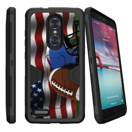 ZTE Zmax Pro Z981 Dual Layer Shock Resistant MAX DEFENSE Heavy Duty Case with Built In Kickstand - USA Flag