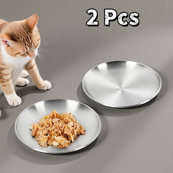 WuPing 2 Pcs Cat Plates, Shallow Whisker-Friendly Stainless Steel Wide Dishes for Indoor Cats (6.7")