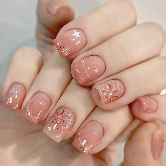 Uñas postizas adhesivas RUPOFUZA cortas cuadradas rosa con fuegos artificiales, 24 piezas