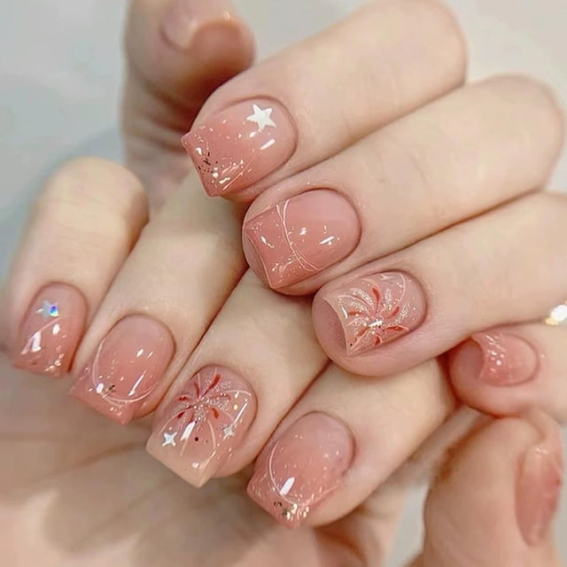 Uñas postizas adhesivas RUPOFUZA cortas cuadradas rosa con fuegos artificiales, 24 piezas