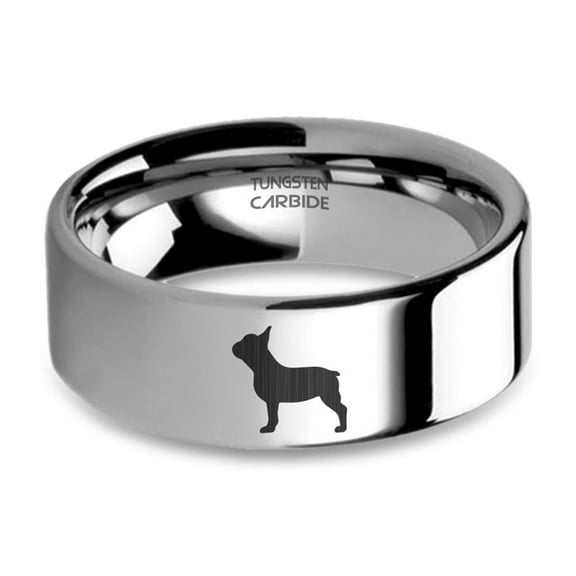French Bulldog Frenchie Laser Engraved Tungsten Carbide Ring, 8mm, Size 15