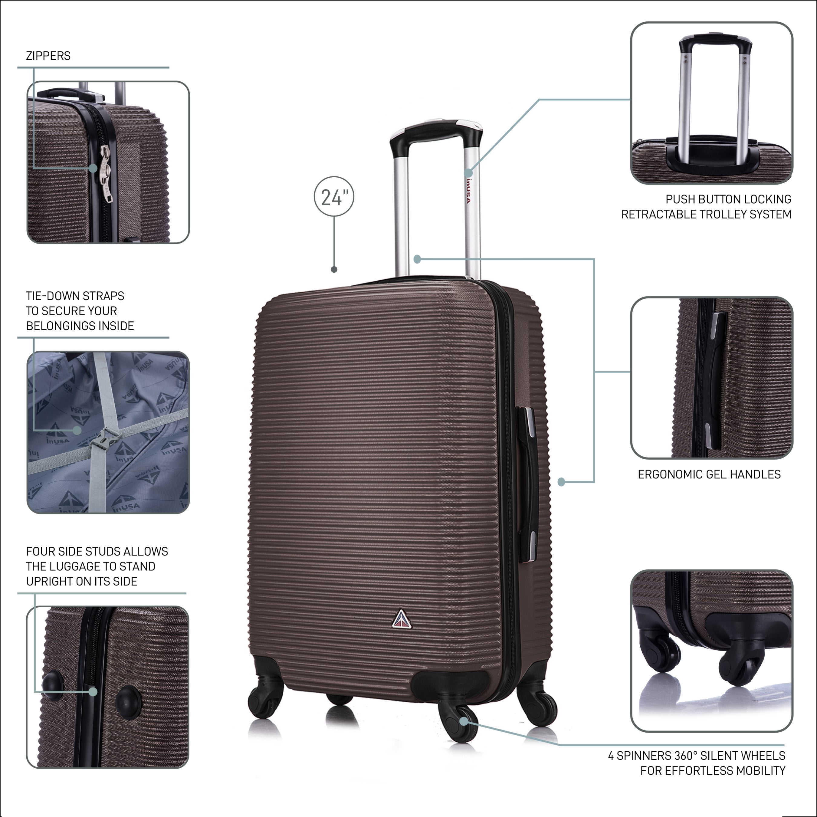 InUSA Royal 24" Hardside Lightweight Luggage with Spinner Wheels, Handle, and Trolley, Brown