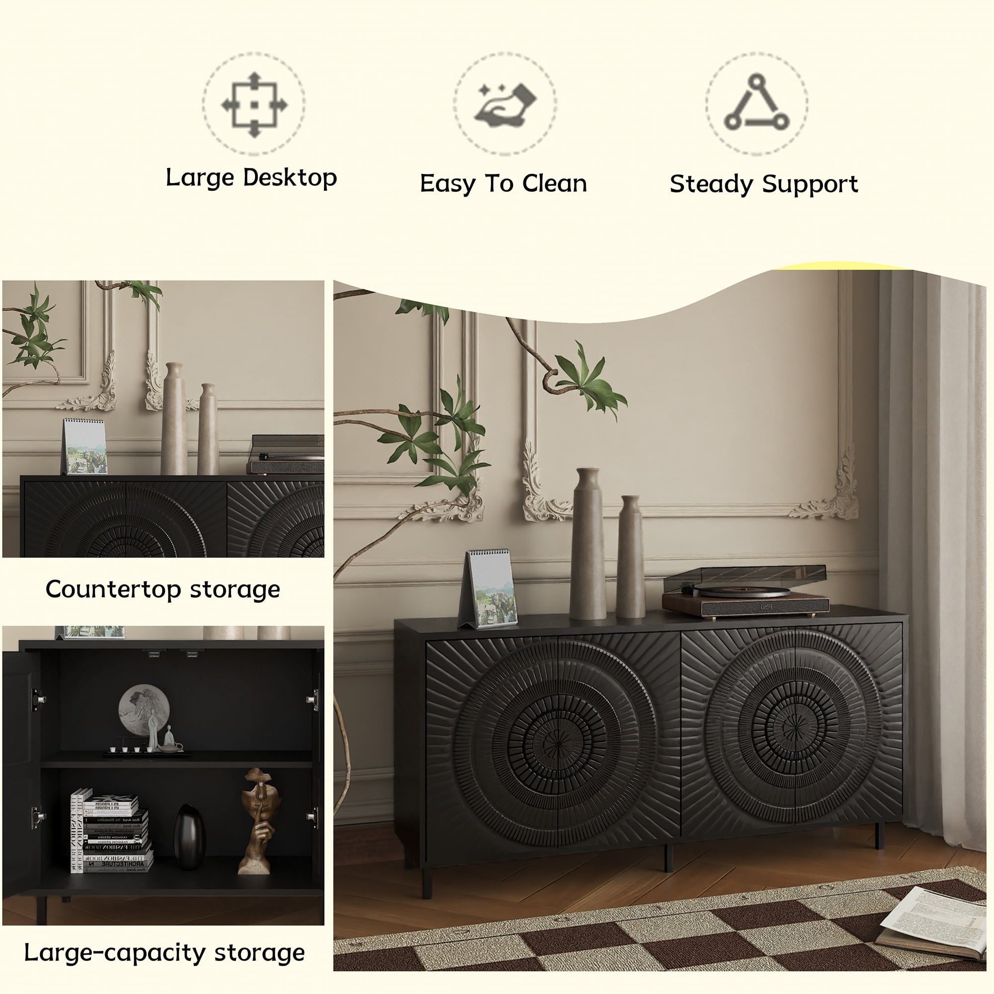 Homy Casa 60.3" Modern 4-Door Sideboard Buffet Cabinet with 3D Sunburst Front, Black