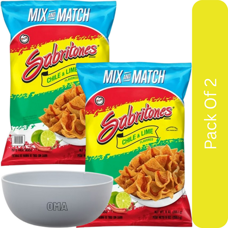 Sabritones Chile & Lime Flavored Puffed Wheat Snacks, 9 oz -2pk, With Olive White Bowl By OMA