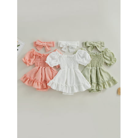 

Vera Natura Infant Baby Girls Romper Dress Dot Pattern Short Sleeve Ruched Jumpsuits Skirts Hem Bodysuits Headband