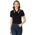 thumbnail image 1 of INSPIRE CHIC Women's Tie Neck Ruffle Mesh Panel Semi Sheer Short Sleeve Blouse, 1 of 6