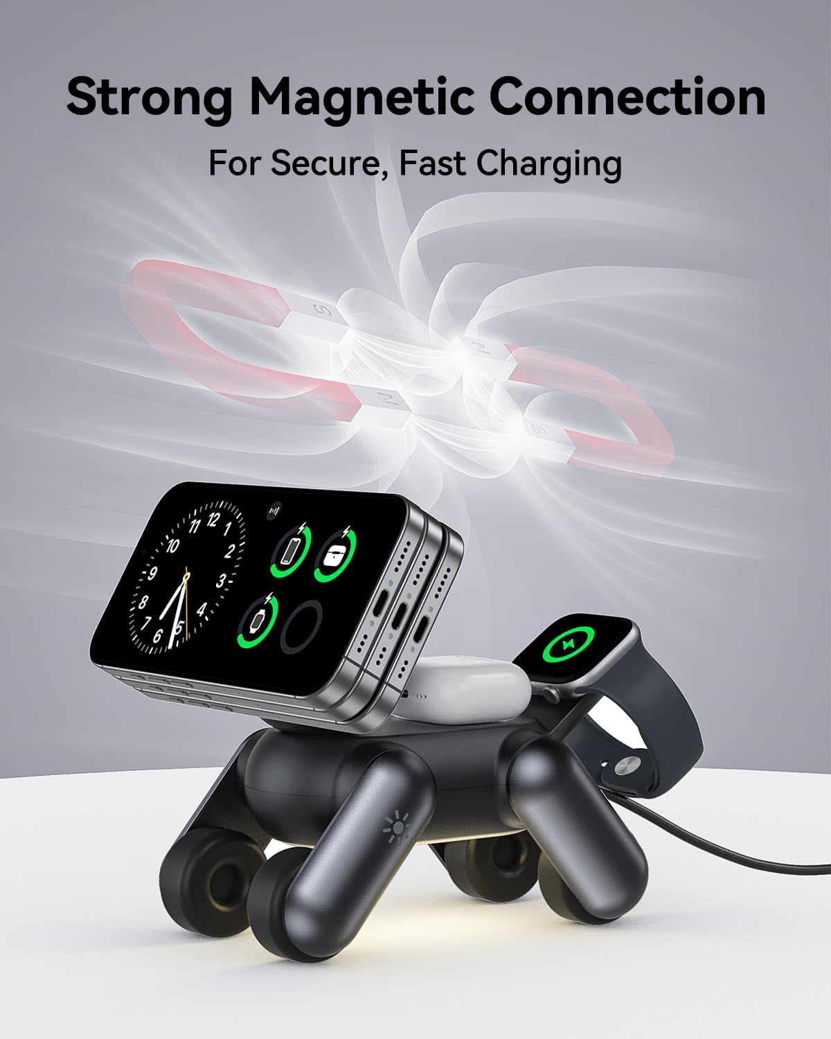 3-in-1 Foldable Wireless Charging Station Compatible with Magsafe,15W Fast Magnetic Charger Stand for iPhone 12-17 Apple Watch AirPods, Travel-Friendly with Night Light (Robo-Dog Design)