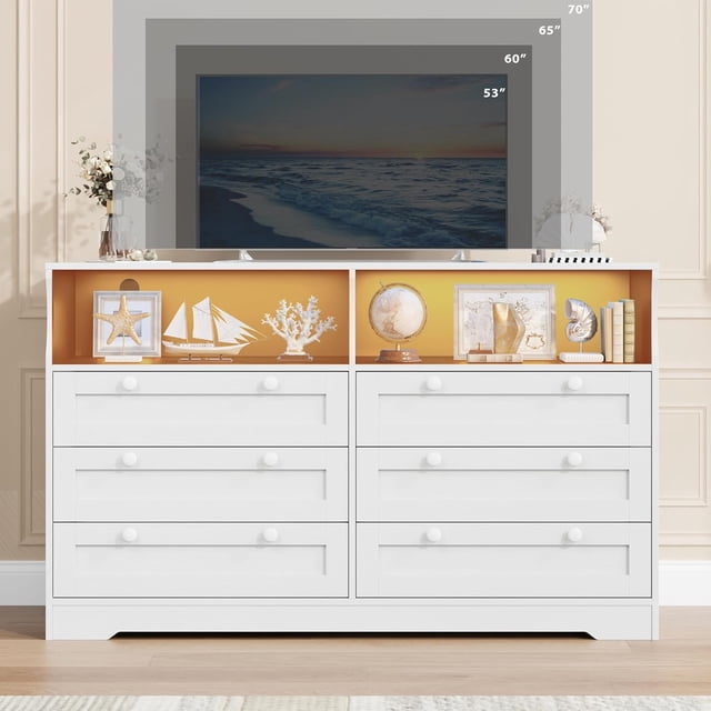 Bingirl Commode Élégante Rustique Blanche à 6 Tiroirs à Ne Pas Manquer avec Éclairage à Bande DEL et Prise de Recharge – Solution de Rangement Idéale pour Toute Pièce