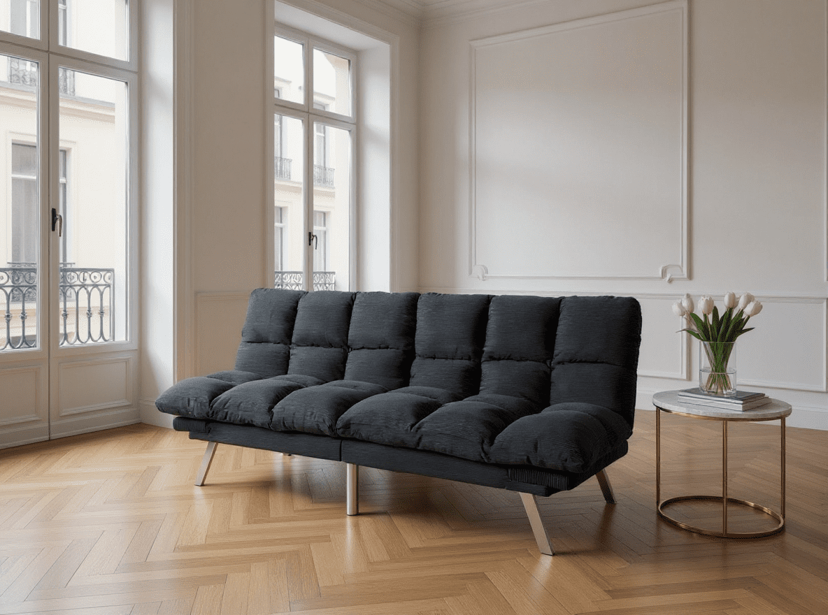 Gewnee 67.3 Inch Futon Sofa Bed, Corduroy Fabric Sleeper Sofa, Modern Loveseat for Apartments and Offices, Adjustable Backrest and Armrests.Black