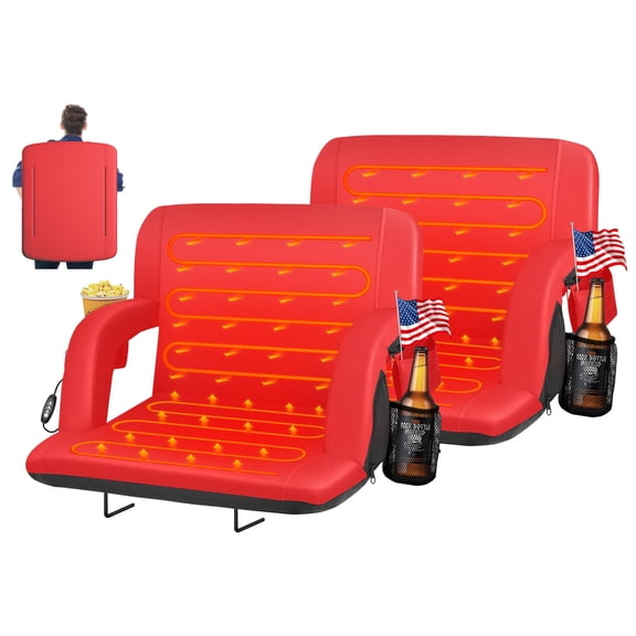 PNKKODW 2PCS 25" Dual-Side Heated Stadium Seats with Back Support, Extra Wide Stadium Chair for Bleachers, USB 3 Levels Heat, for Outdoor Camping Winter Sports,Red(No Battery)