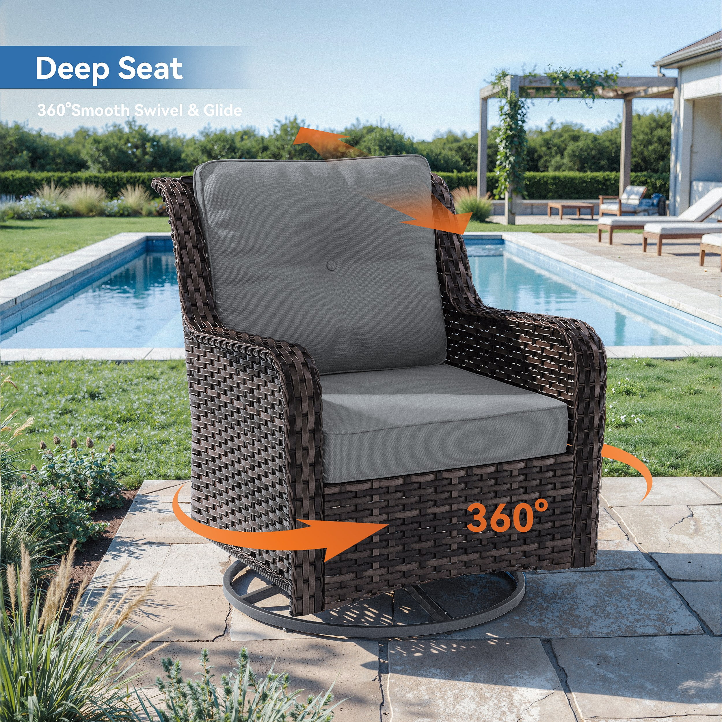 ALAULM 7PCS Rattan Patio Furniture Set, Wicker Outdoor Sofa Set w/2 Swivel Rocking Chairs, 2 coffee tables of different sizes, 2 Ottomans, Gray