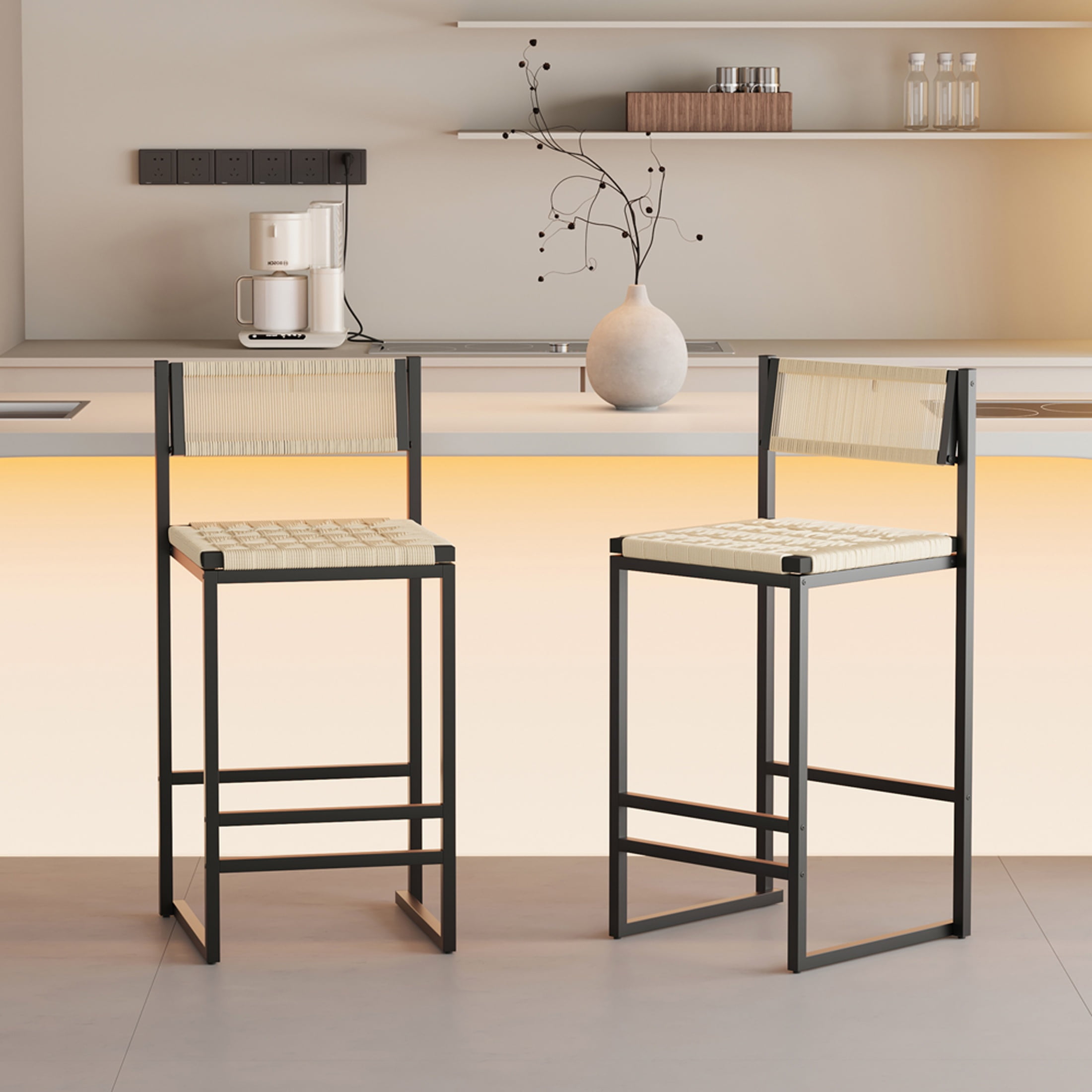 SYNGAR Bar Stools with Back Sets of 2, Woven Bar Chair with Metal Legs, Counter Height Bar Stools, Bar Chairs for Kitchen Bars Restaurants, Tufted Barstools Set, Creamy White
