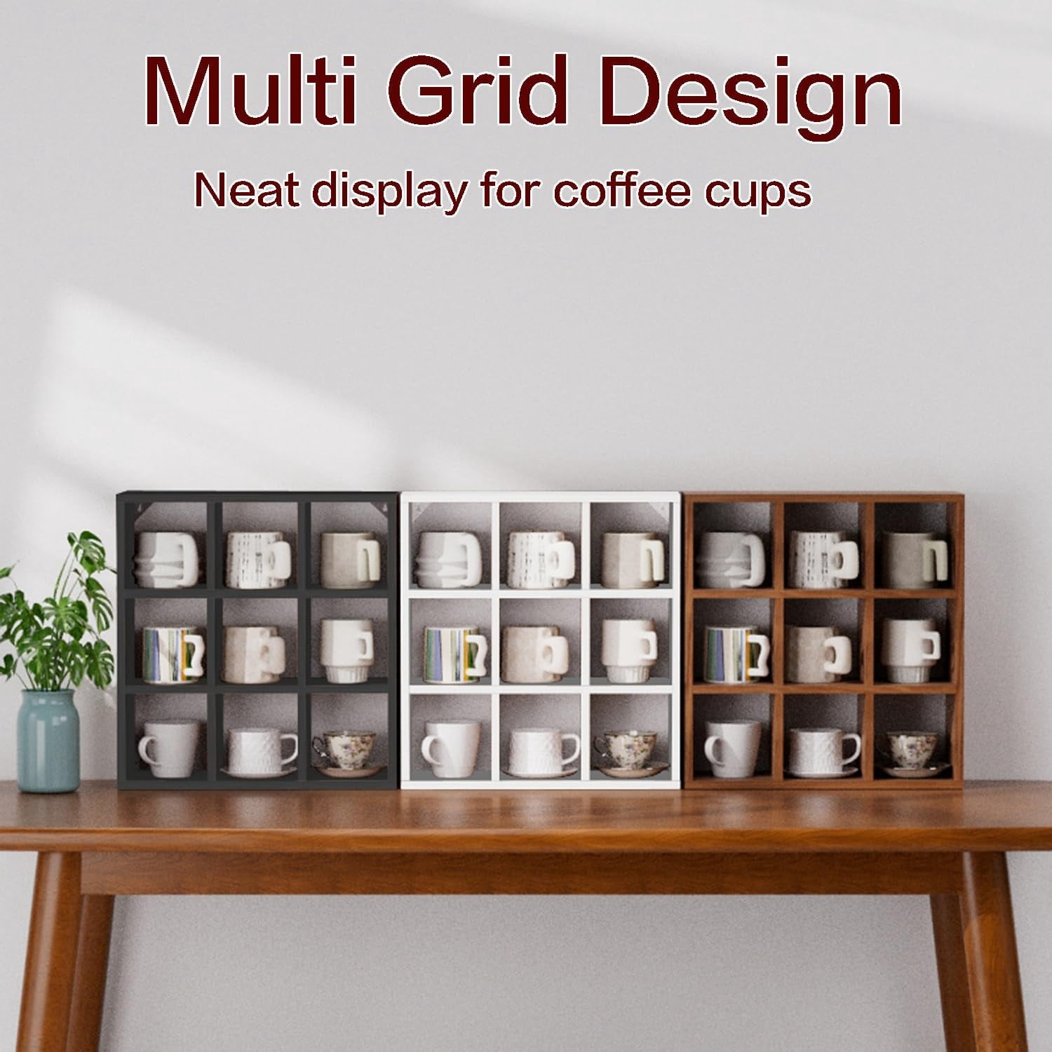 9 Grid Vintage Coffee Mug Display Rack, 16inch Wall Mounted Wooden Curio Shadow Box Shelf, Cup Floating Shelves Display and Organizer (Black)