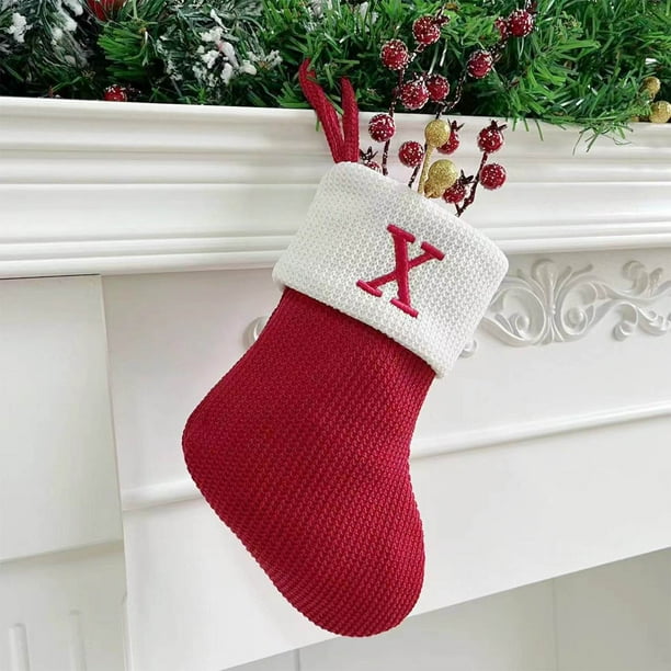 Seyotauo Christmas Stockings with Initials, Embroidered Xmas Stockings, 7" Large Knitted Xmas Stocking, Christmas Party Fireplace Family Hanging Stocking Decorations