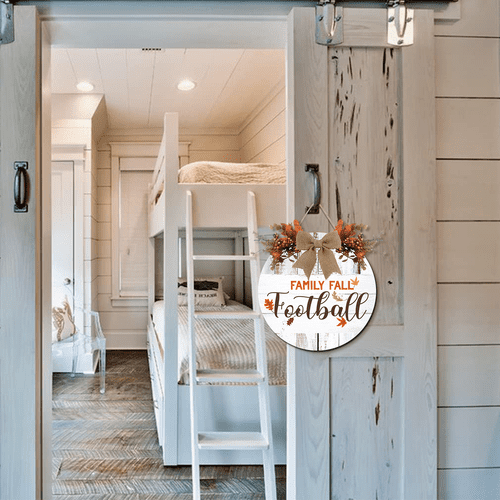 Lucidhisun Wooden Family Fall Football Welcome Sign for Front Door, Maple Leaf Round Wood Signs, Autumn Hanging for Football Season Farmhouse Porch Door Wall Window Decoration 12in