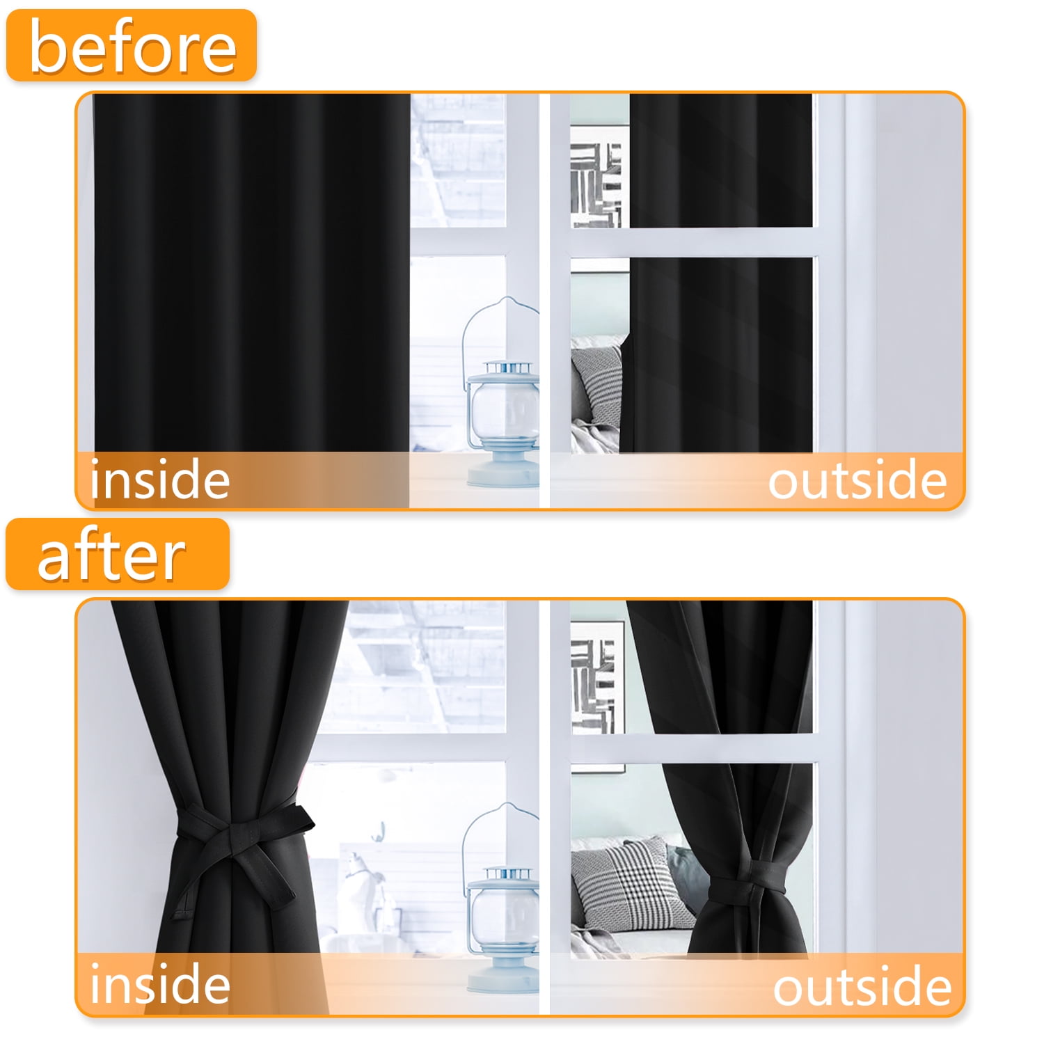 Hiasan Blackout Curtains for Bedroom Sewn with Tiebacks, Thermal Insulated Grommet Room Darkening Window Curtains for Living Room, Black, 52 x 45 Inches, 2 Panels