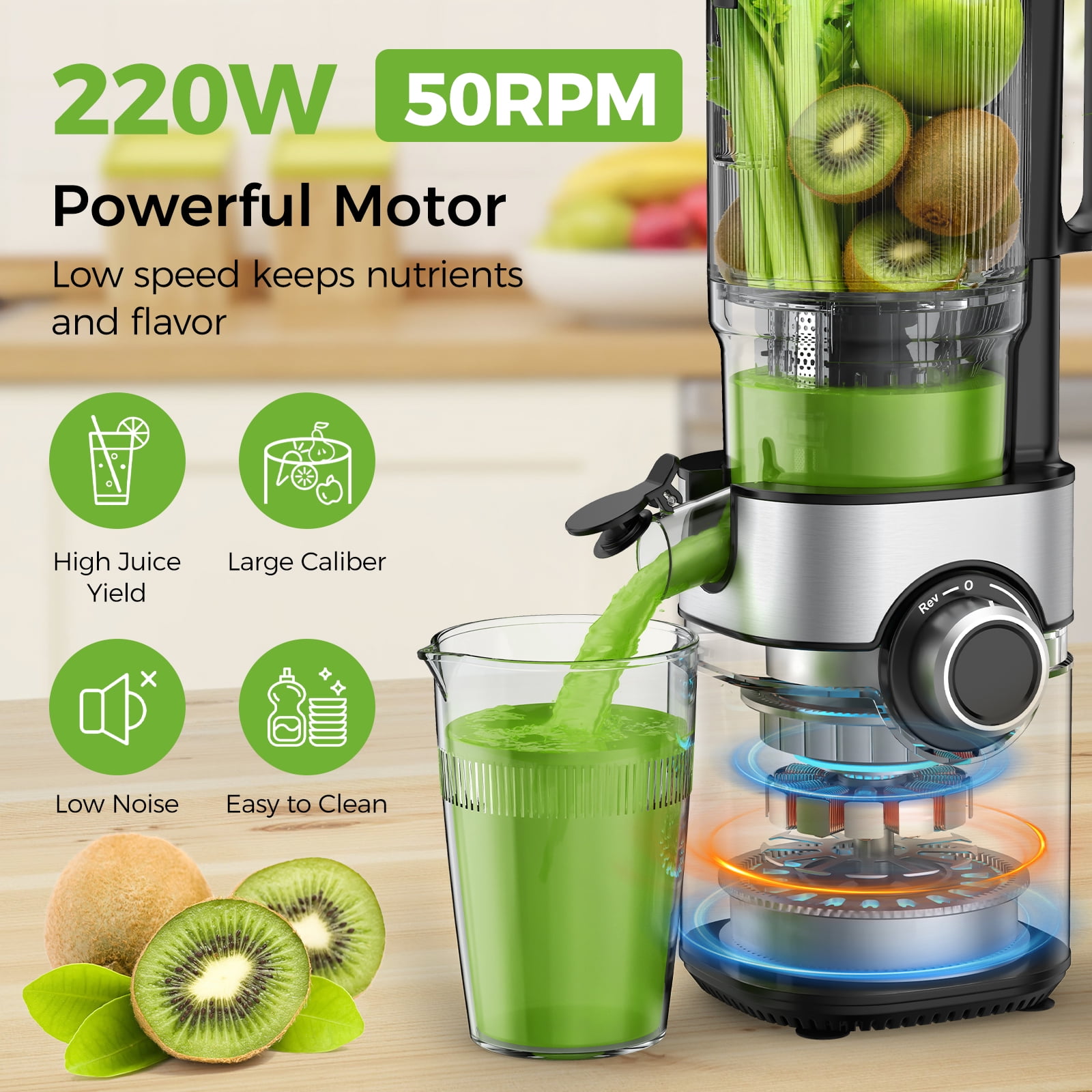 OSTBA Juicer Machine, Cold Press Juicer with Big Wide 5" Chute 1200 ml Juice Cup, Masticating Juicer for Fruits and Vegetables, High Juice Yield, Easy to Clean