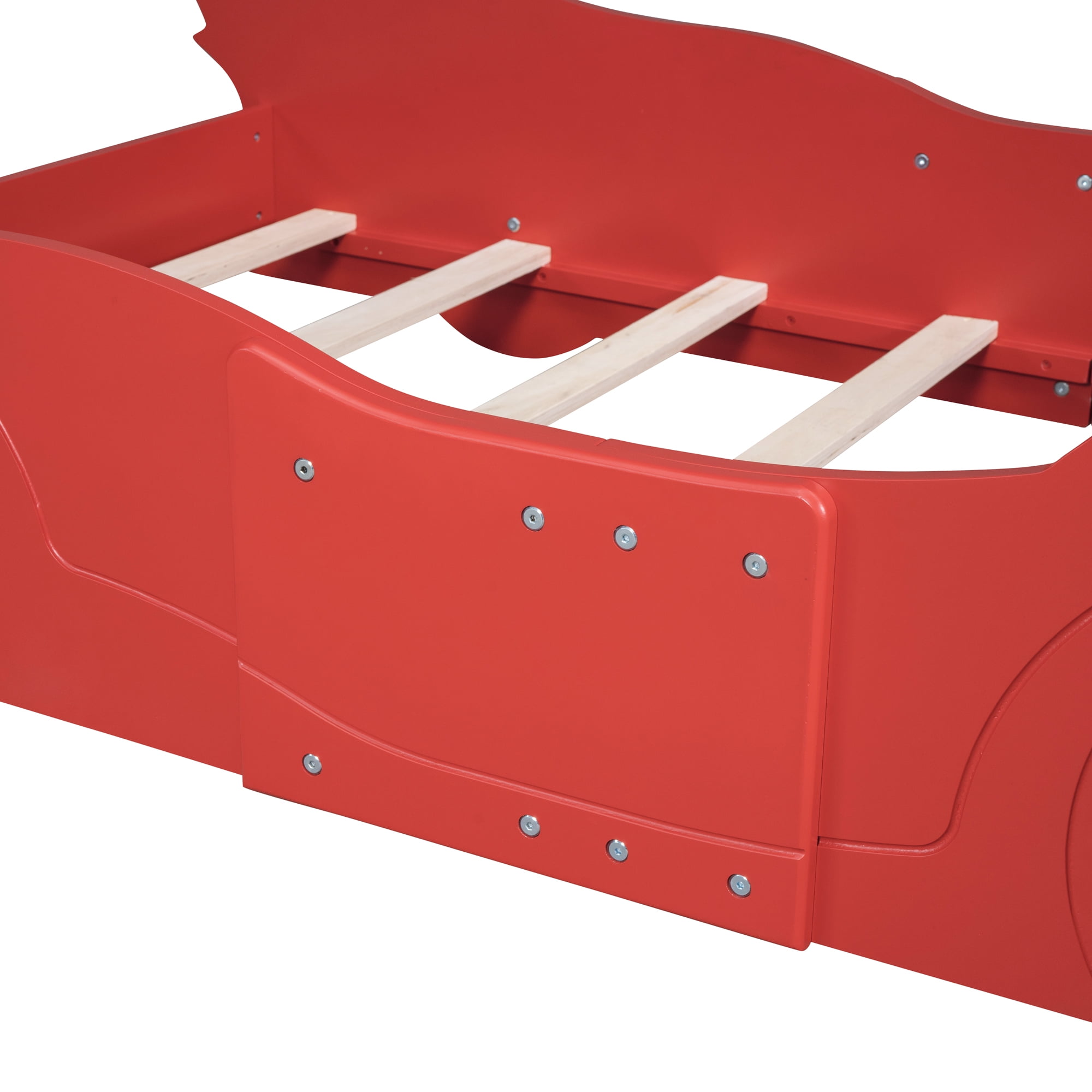 Solid Wood Race Car-Shaped Platform Bed with Wooden Slats, Bed with Wheels, Platform Bed with Headboard and Footboard, No Box Spring Needed (Red,Twin)