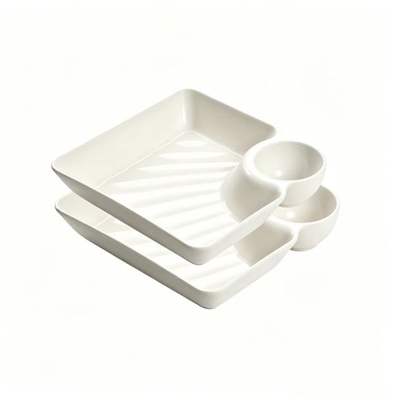 Set Of 2-piece Divided Snack Plates, White Plastic Compartment Dumpling Plates/sushi Plates/fries & Dip Plates, With Sauce Section, Sturdy And Microwave & Dishwasher Safe, Perfect For Appetizers,