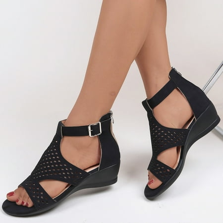 

〖Yilirongyumm〗 Black 37 Sandals Women Zip Back Hollow Out Wedge Sandals For Women Causal Shoes Open Toe Shoes Wedges Sandals